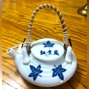 Vintage Small Japanese Porcelain Teapot w/ Hand Painted Blue Maple Leaf Japan